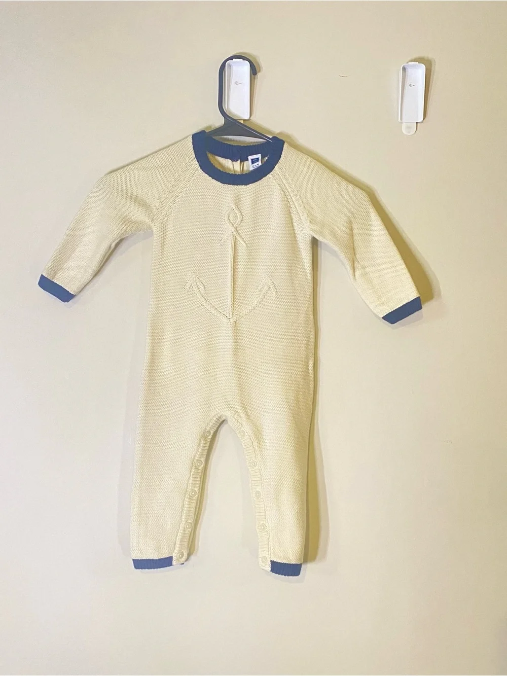 Janie and Jack Cream Knit Anchor Footie with Blue Trim